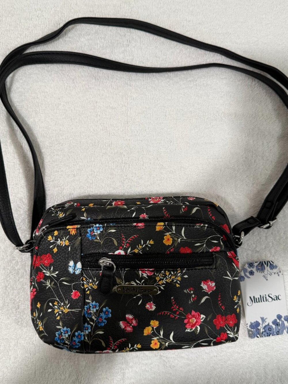 MultiSac Mini Dynamic Crossbody Bag Purse Black Floral Ambrosia Colored Flowers